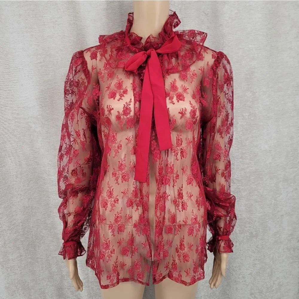 French Cherry Red See Through Lace Coquette Girl Long Sleeves Top Jacket